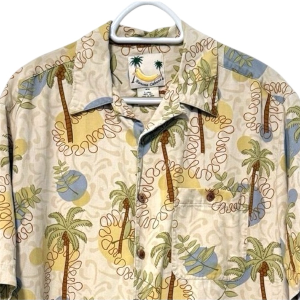 Banana Cabana 100% Silk Tropical Palm Tree Button Up Shirt Tan Yellow Size Large
